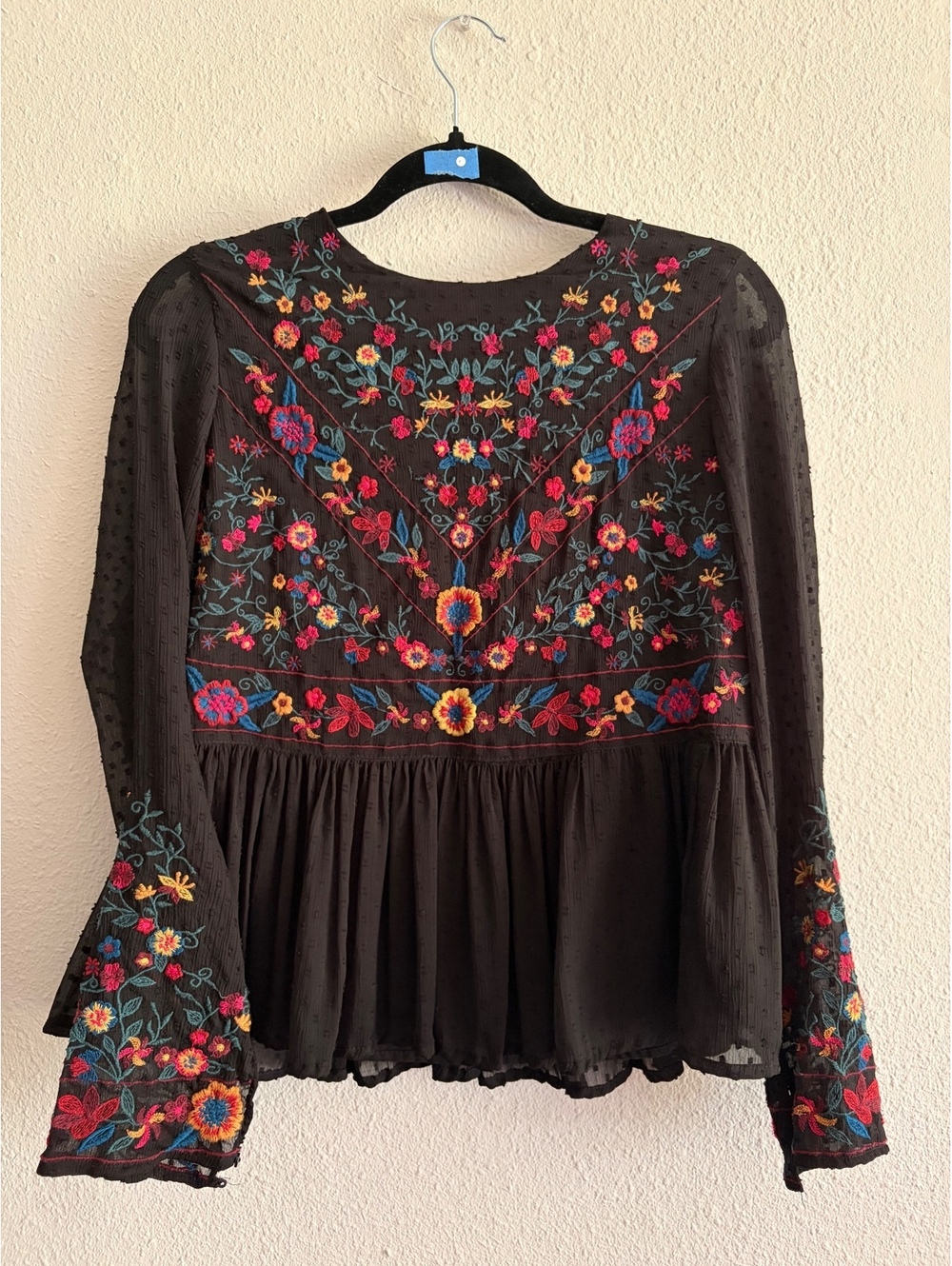 Zara Trafaluc Collection Black Sheer Blouse with Floral Embroidery